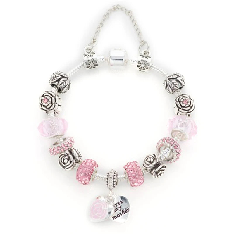 Romantic First My Mother Charm Bracelet For Women With Crystal DIY Beads Pendants Bracelets Fashion Jewelry Gift Dropshipping