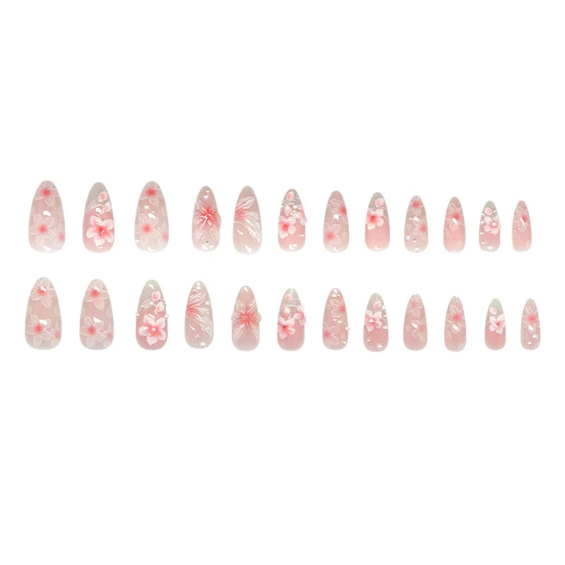 24pcs Pink Flower Almond Press on Nails Kawaii False Nails Wearable Stick-on Nails Fake Nail Uñas Postizas Накладные Ногти 네일팁