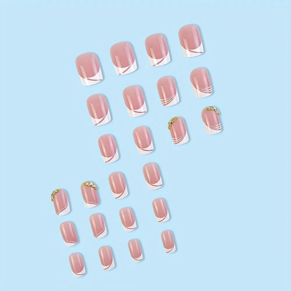 24Pcs French Tip Handmade Press On Nails Minimalist Solid Color Fake Nails Medium Square Full Cover Press On Nail Tips With Glue