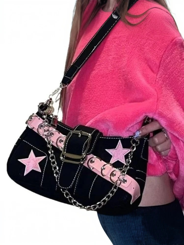 Fashion Women's Handbags Denim Stars Pattern Cool Girls Y2K Underarm Bag Canvas Female Small Shoulder Bags Chain Tote Bag Ins