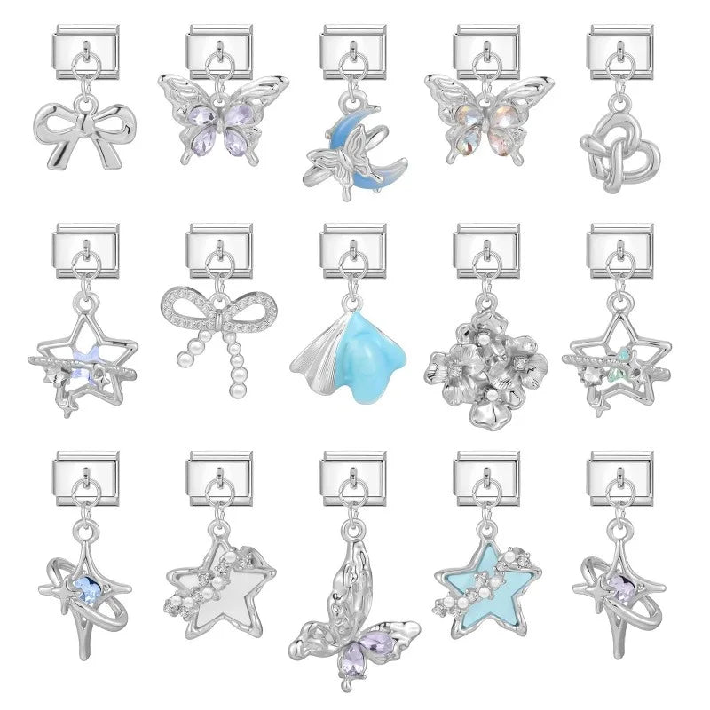 Fashion Blue Sereis Star Pearl Moon Butterfly Italian Charm Links Fit 9mm Stainless Steel Bracelet Women Jewelry DIY Making Gift