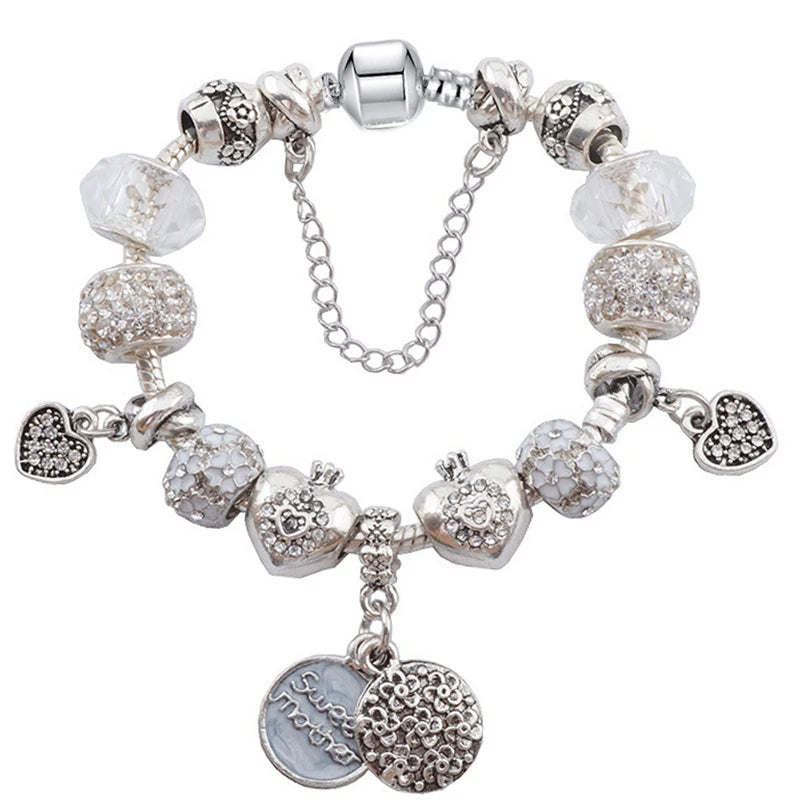 Romantic First My Mother Charm Bracelet For Women With Crystal DIY Beads Pendants Bracelets Fashion Jewelry Gift Dropshipping