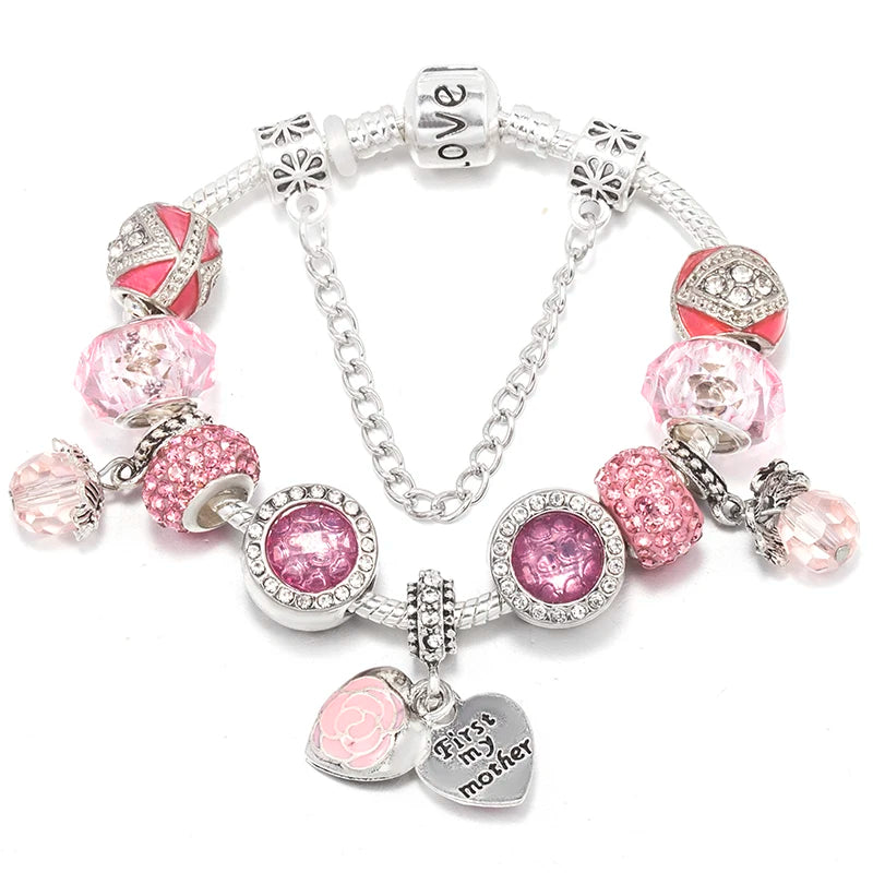 Romantic First My Mother Charm Bracelet For Women With Crystal DIY Beads Pendants Bracelets Fashion Jewelry Gift Dropshipping