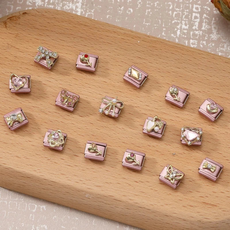 Fashion Pink Dreamy Crystal Butterfly Bow Heart Star Shell Star Charm Fit 9mm Stainless Steel Bracelet Women DIY Making Jewelry