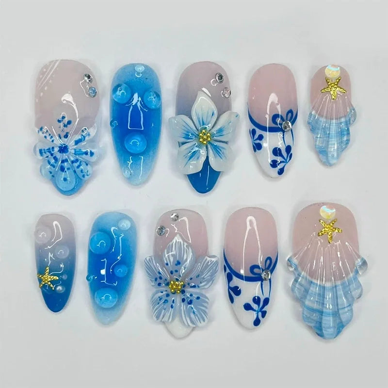24pcs Pink Flower Almond Press on Nails Kawaii False Nails Wearable Stick-on Nails Fake Nail Uñas Postizas Накладные Ногти 네일팁