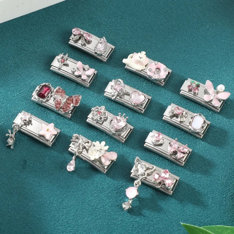 Y2K Zircon Bow Knot Water Drop Pink Zircon Doughnut Heart Italian Charm Links Fit 9MM Stainless Steel Bracelet Women DIY Making