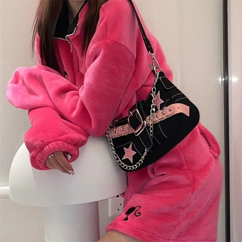 Fashion Women's Handbags Denim Stars Pattern Cool Girls Y2K Underarm Bag Canvas Female Small Shoulder Bags Chain Tote Bag Ins