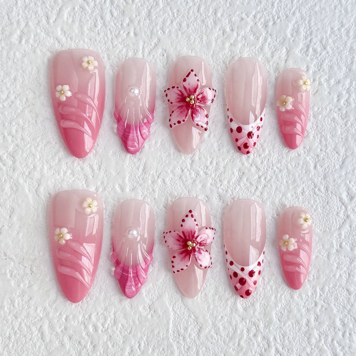 10Pcs Handmade Press On Nails Summer Fruits Full Cover Colorful 3D Design French Almond False Nails Wearable Manicure Nail Tips