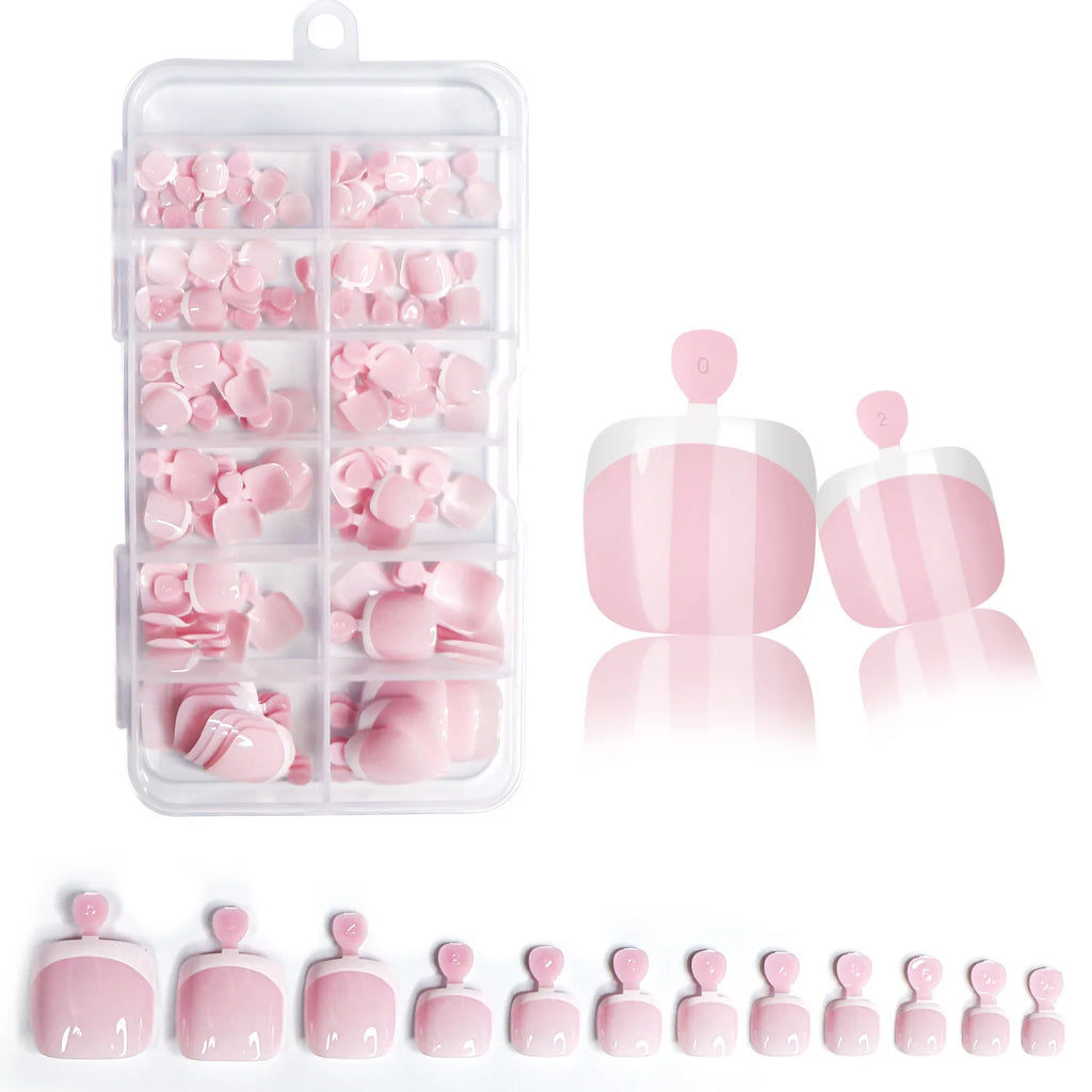 120Pcs Glossy Nude Pink French Press-On-Toenail Set 1*Box Short French Square  Fake Toe Nails Solid-Color Manicure Toenails Tips
