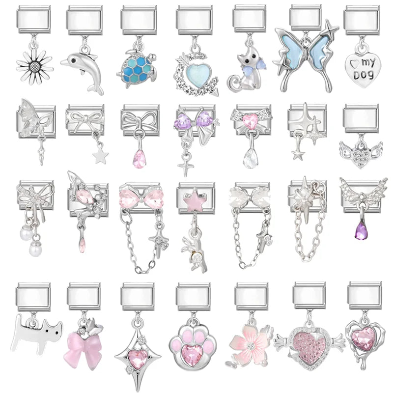 Fashion 2026 Sweet Pink Star Loveheart Pendant Italian Charm Link Fit 9mm Stainless Steel Bracelet Women DIY Making Jewelry Gift