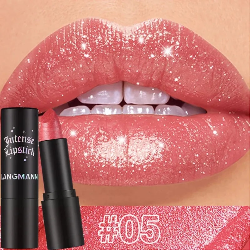 Nude Gray Metallic Lipstick Glitter Diamond Waterproof Long-Lasting Lip Gloss High Pigment Shiny Sparkling Pearl Lip Tint Makeup