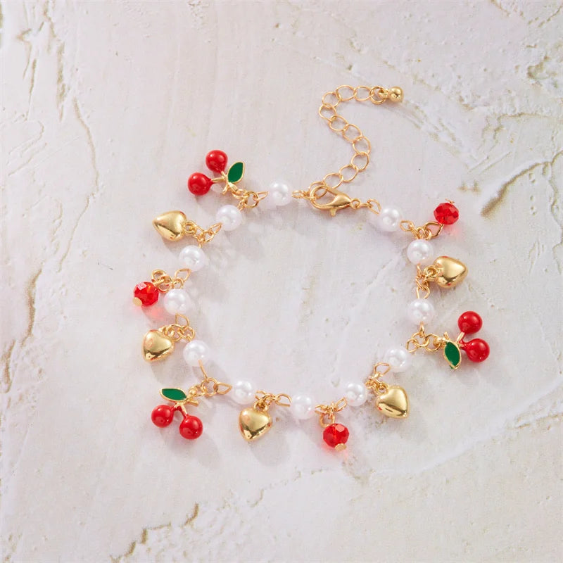 Charm Red Strawberry Bracelet For Women Cute Cherry Heart Shape Fruit Pearl Metal Chain Wristband Party Friendship Jewelry