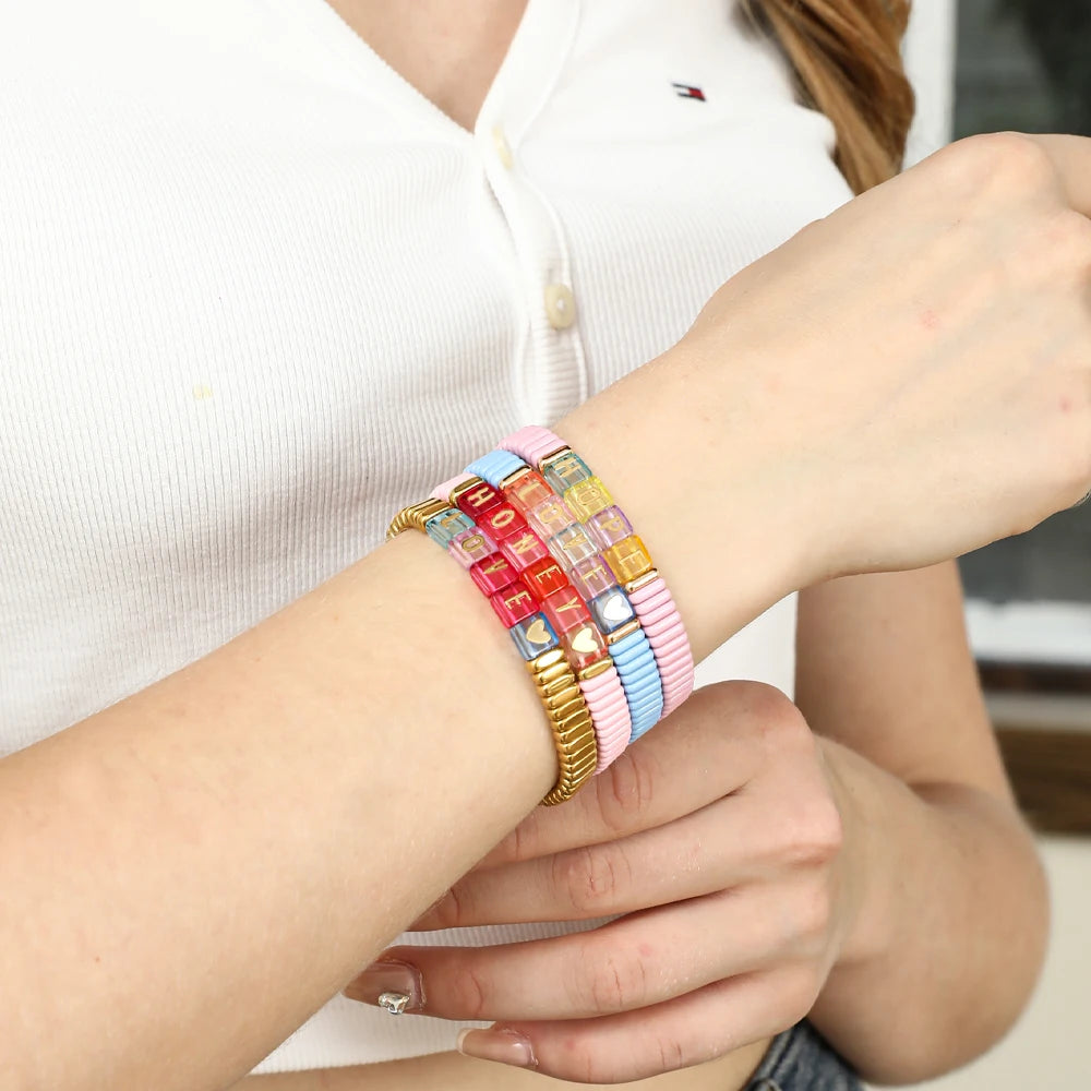 2024 New Enamel Bracelets For Women Colorful Pearl Charm Gold Color Bangle Bohomian Elastic Hand Jewelry