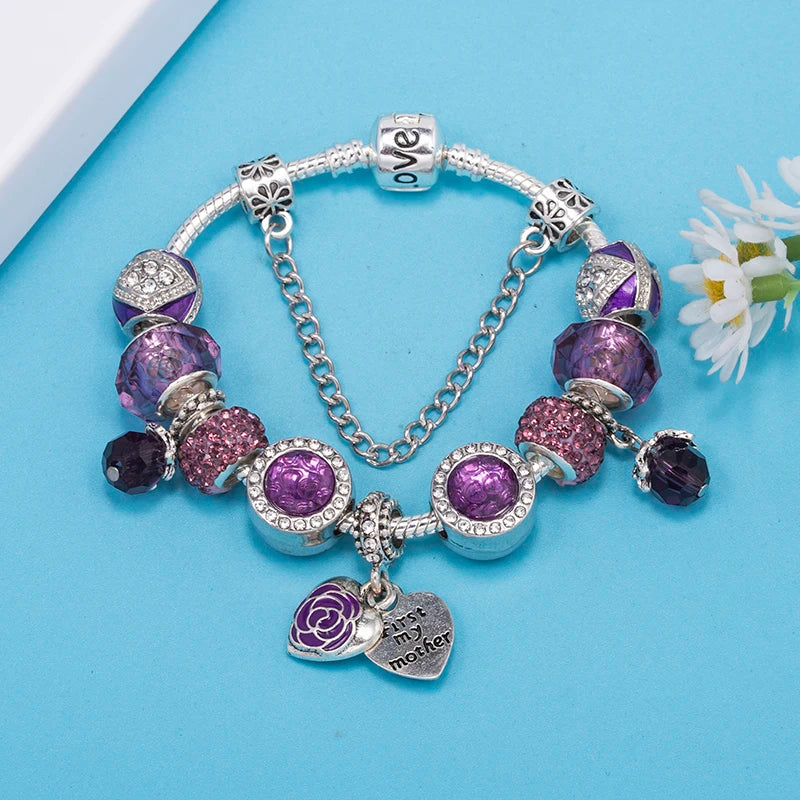 Romantic First My Mother Charm Bracelet For Women With Crystal DIY Beads Pendants Bracelets Fashion Jewelry Gift Dropshipping