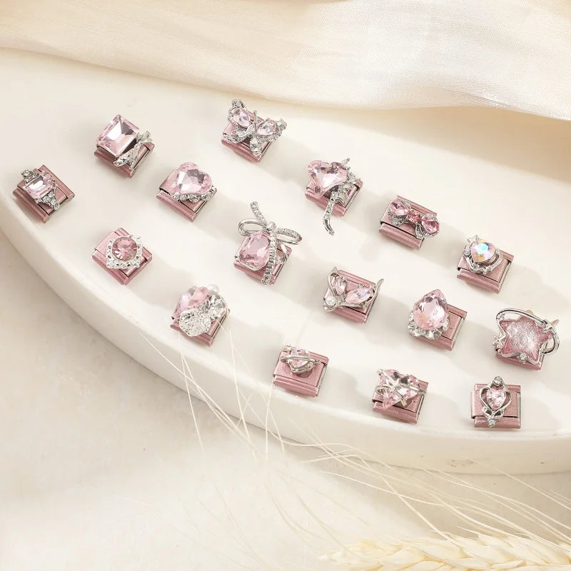 Fashion Pink Dreamy Crystal Butterfly Bow Heart Star Shell Star Charm Fit 9mm Stainless Steel Bracelet Women DIY Making Jewelry
