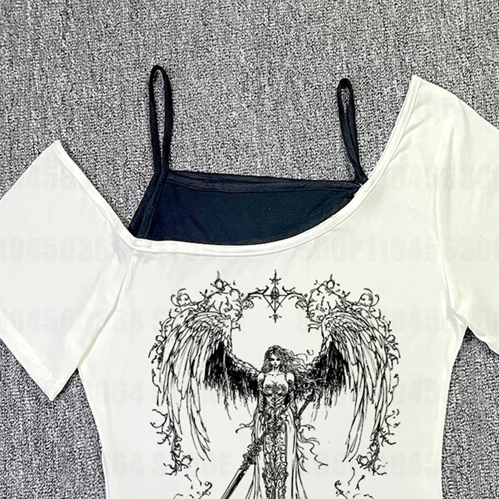 2000s Retro Goth Graphic Print Tops Harajuku Girls Clothing Y2K American style Grunge Fake two short sleeves T-shirt High Street