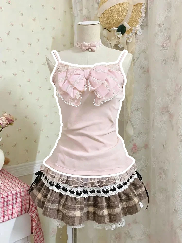 Japanese Sweet Blouse Women Lace Top Ameircan Vintage Plaid Ruffle Mini Skirt Y2K Harajuku Elegant Kawaii Korean Chic Outfits