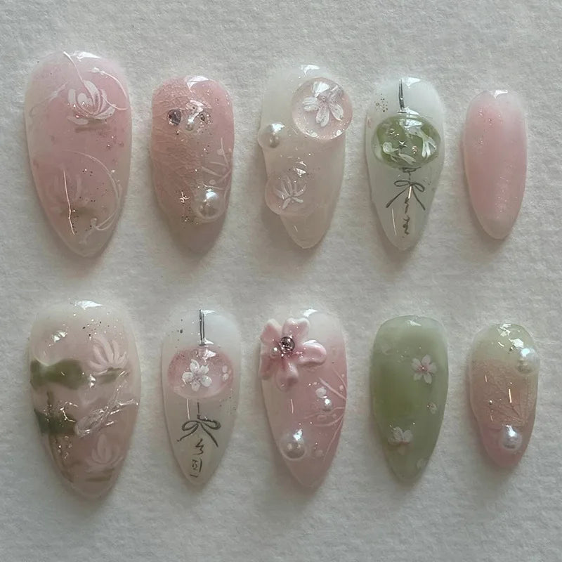 24pcs Pink Flower Almond Press on Nails Kawaii False Nails Wearable Stick-on Nails Fake Nail Uñas Postizas Накладные Ногти 네일팁