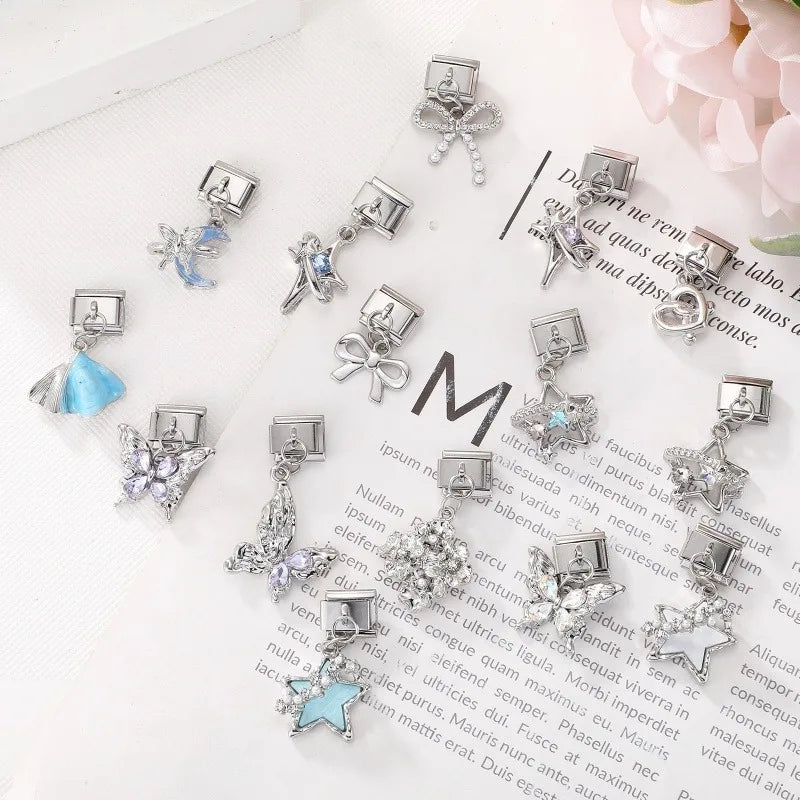 Fashion Blue Sereis Star Pearl Moon Butterfly Italian Charm Links Fit 9mm Stainless Steel Bracelet Women Jewelry DIY Making Gift