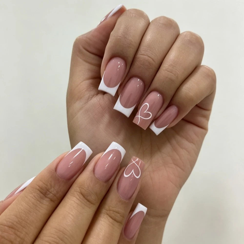 24Pcs French Tip Handmade Press On Nails Minimalist Solid Color Fake Nails Medium Square Full Cover Press On Nail Tips With Glue