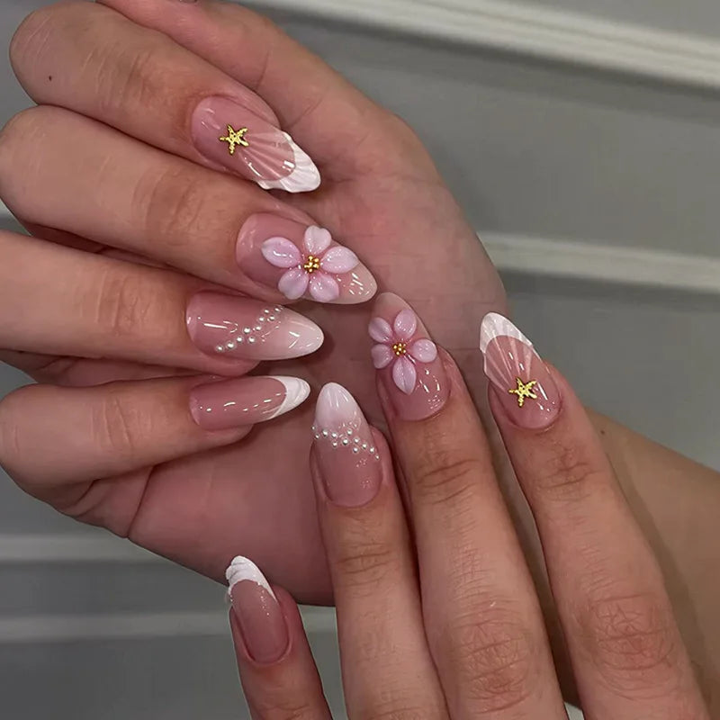24pcs Pink Flower Almond Press on Nails Kawaii False Nails Wearable Stick-on Nails Fake Nail Uñas Postizas Накладные Ногти 네일팁