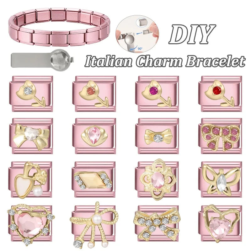 Fashion Pink Dreamy Crystal Butterfly Bow Heart Star Shell Star Charm Fit 9mm Stainless Steel Bracelet Women DIY Making Jewelry
