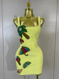 Women Sexy Square Neck Sleeveless Bodycon Bandage Mini Dress Luxury Beaded Tropical Fruit Eveing Party Vacation NightClub Outfit