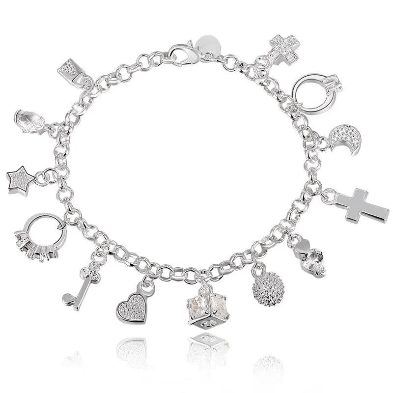 925 Sterling Silver Charm Bracelet 13 Pieces Pendant Cuffs Chain Luxury Designer Jewelry Accessories Jewellery Argent 925