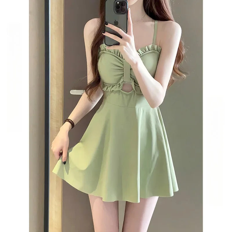 Swimsuit Women's 2025 New Summer One-piece Thin Conservative Skirt Avocado Green High-end Sensual Hot Spring Swimsuit