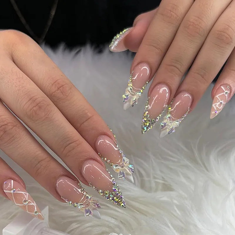 24pcs Pink Flower Almond Press on Nails Kawaii False Nails Wearable Stick-on Nails Fake Nail Uñas Postizas Накладные Ногти 네일팁