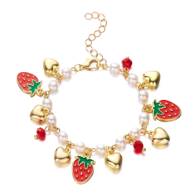 Charm Red Strawberry Bracelet For Women Cute Cherry Heart Shape Fruit Pearl Metal Chain Wristband Party Friendship Jewelry