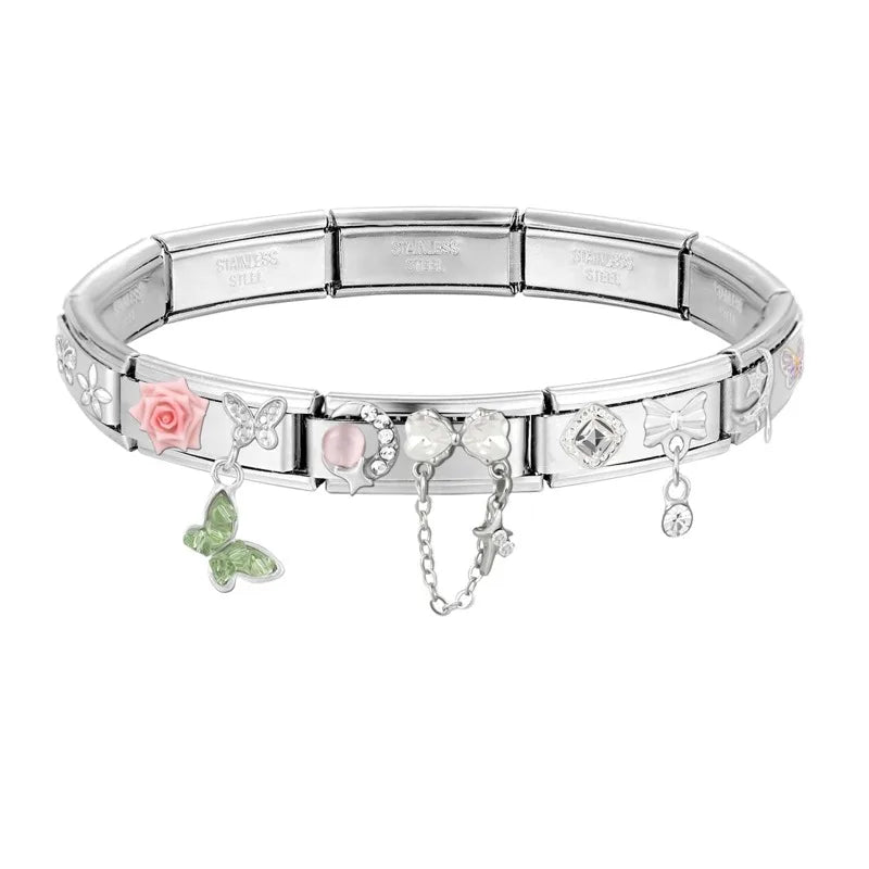 Y2K Zircon Bow Knot Water Drop Pink Zircon Doughnut Heart Italian Charm Links Fit 9MM Stainless Steel Bracelet Women DIY Making