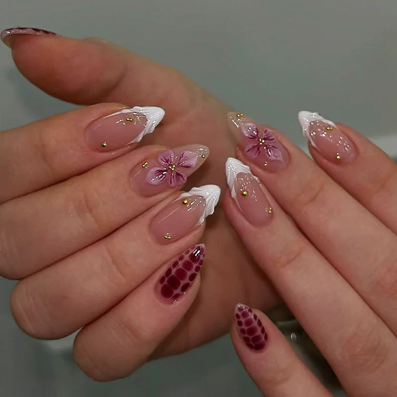 24pcs Pink Flower Almond Press on Nails Kawaii False Nails Wearable Stick-on Nails Fake Nail Uñas Postizas Накладные Ногти 네일팁
