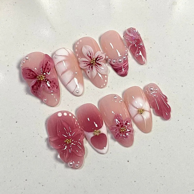 24pcs Pink Flower Almond Press on Nails Kawaii False Nails Wearable Stick-on Nails Fake Nail Uñas Postizas Накладные Ногти 네일팁