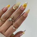 24Pcs/set French almond-shaped press-on full cover false nails in elegant ocean style, featuring 3D fresh lemon, floral smudge a