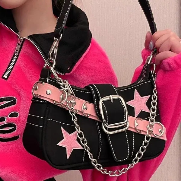 Fashion Women's Handbags Denim Stars Pattern Cool Girls Y2K Underarm Bag Canvas Female Small Shoulder Bags Chain Tote Bag Ins
