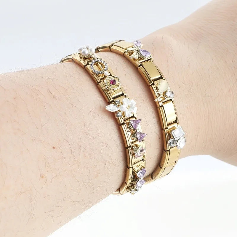 Premium Gold Color Zircon Bowknot Italian Charm Bracelet Stainless Steel Elastic Bracelet Link Bangle DIY Women Men Jewelry Gift
