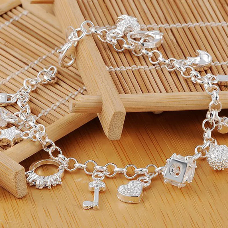 925 Sterling Silver Charm Bracelet 13 Pieces Pendant Cuffs Chain Luxury Designer Jewelry Accessories Jewellery Argent 925