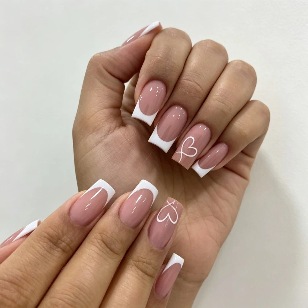24Pcs French Tip Handmade Press On Nails Minimalist Solid Color Fake Nails Medium Square Full Cover Press On Nail Tips With Glue