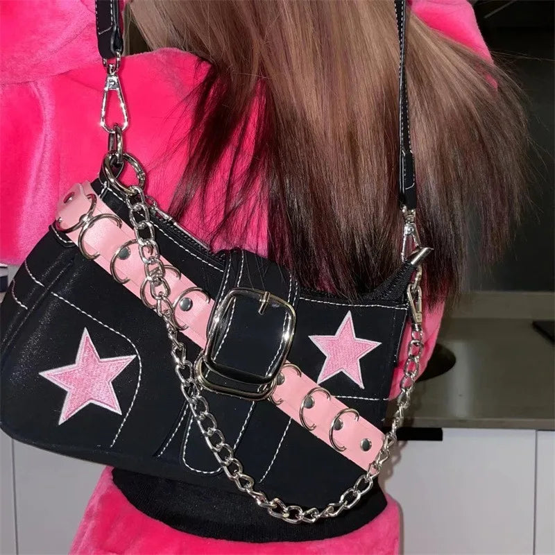 Fashion Women's Handbags Denim Stars Pattern Cool Girls Y2K Underarm Bag Canvas Female Small Shoulder Bags Chain Tote Bag Ins