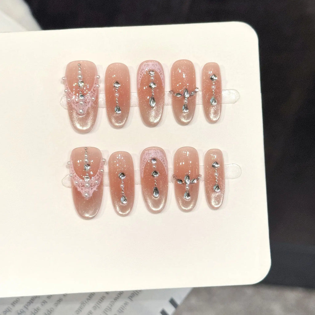 10PCS Oval Handmade Press On Nails,Fresh And Gentle Style,Suitable For Festivals Parties And Daily Wear.