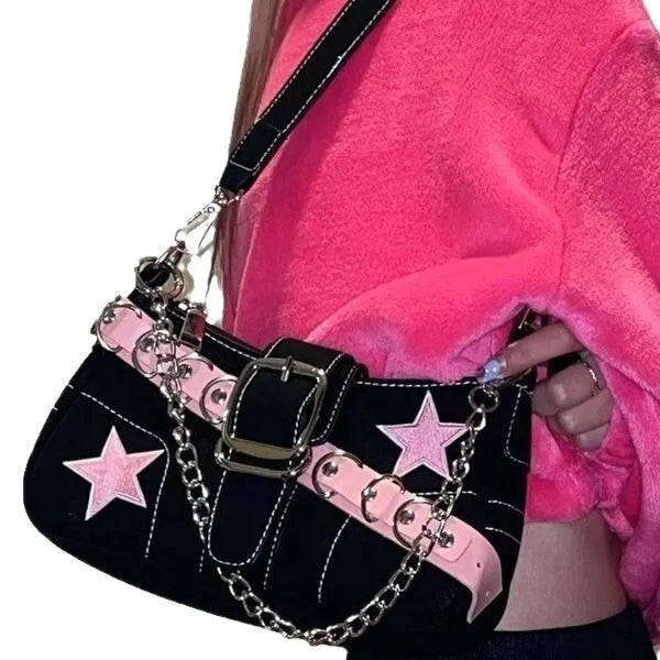 Fashion Women's Handbags Denim Stars Pattern Cool Girls Y2K Underarm Bag Canvas Female Small Shoulder Bags Chain Tote Bag Ins