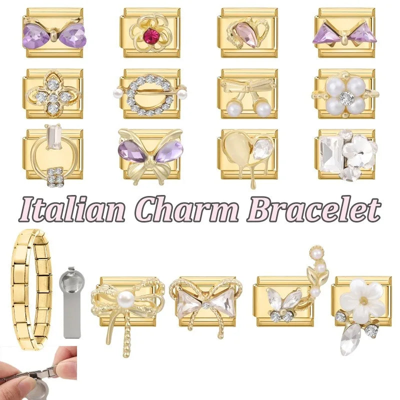 Premium Gold Color Zircon Bowknot Italian Charm Bracelet Stainless Steel Elastic Bracelet Link Bangle DIY Women Men Jewelry Gift