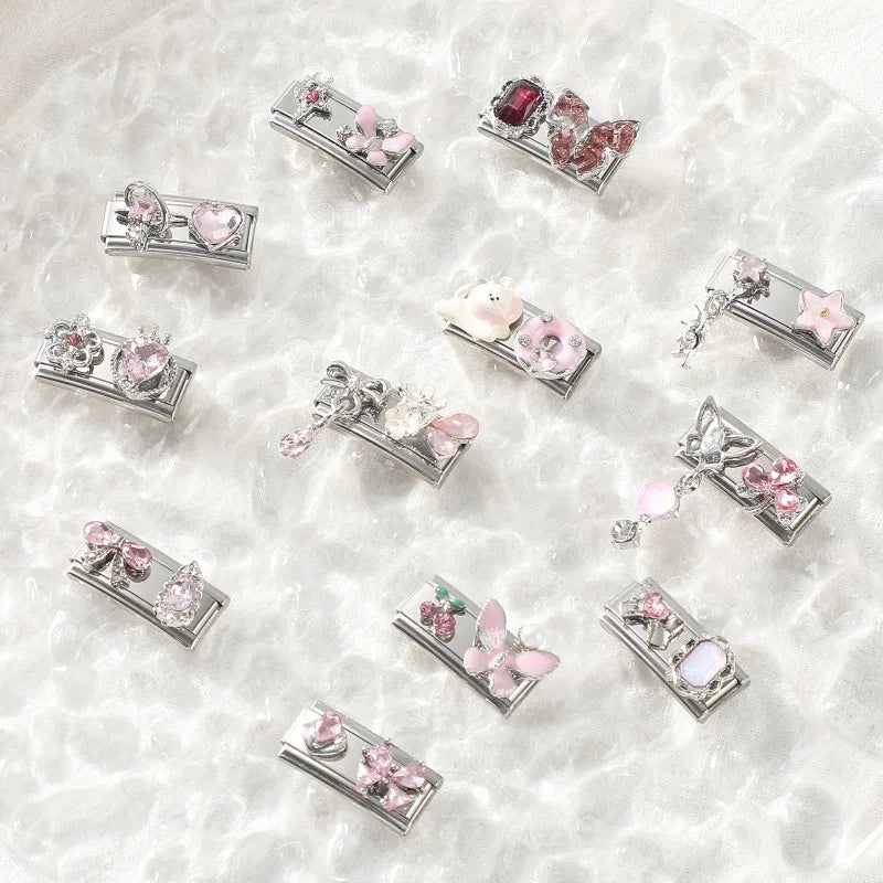 Y2K Zircon Bow Knot Water Drop Pink Zircon Doughnut Heart Italian Charm Links Fit 9MM Stainless Steel Bracelet Women DIY Making