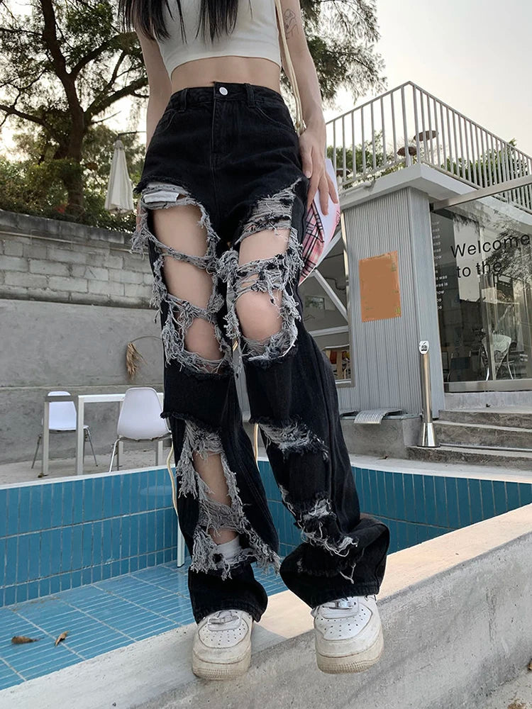 Zoki Hip Hop Hole Jeans Women Y2K Streetwear Harajuku Hollow Out Denim Pant American Retro High Waist Female Straight Trousers
