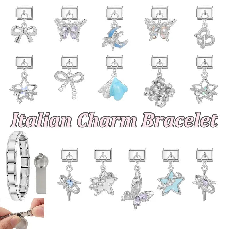 Fashion Blue Sereis Star Pearl Moon Butterfly Italian Charm Links Fit 9mm Stainless Steel Bracelet Women Jewelry DIY Making Gift