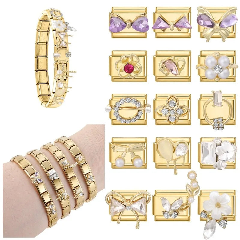 Premium Gold Color Zircon Bowknot Italian Charm Bracelet Stainless Steel Elastic Bracelet Link Bangle DIY Women Men Jewelry Gift