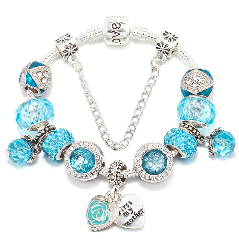 Romantic First My Mother Charm Bracelet For Women With Crystal DIY Beads Pendants Bracelets Fashion Jewelry Gift Dropshipping
