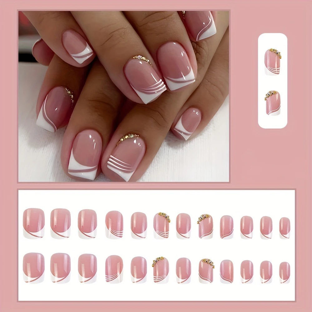 24Pcs French Tip Handmade Press On Nails Minimalist Solid Color Fake Nails Medium Square Full Cover Press On Nail Tips With Glue
