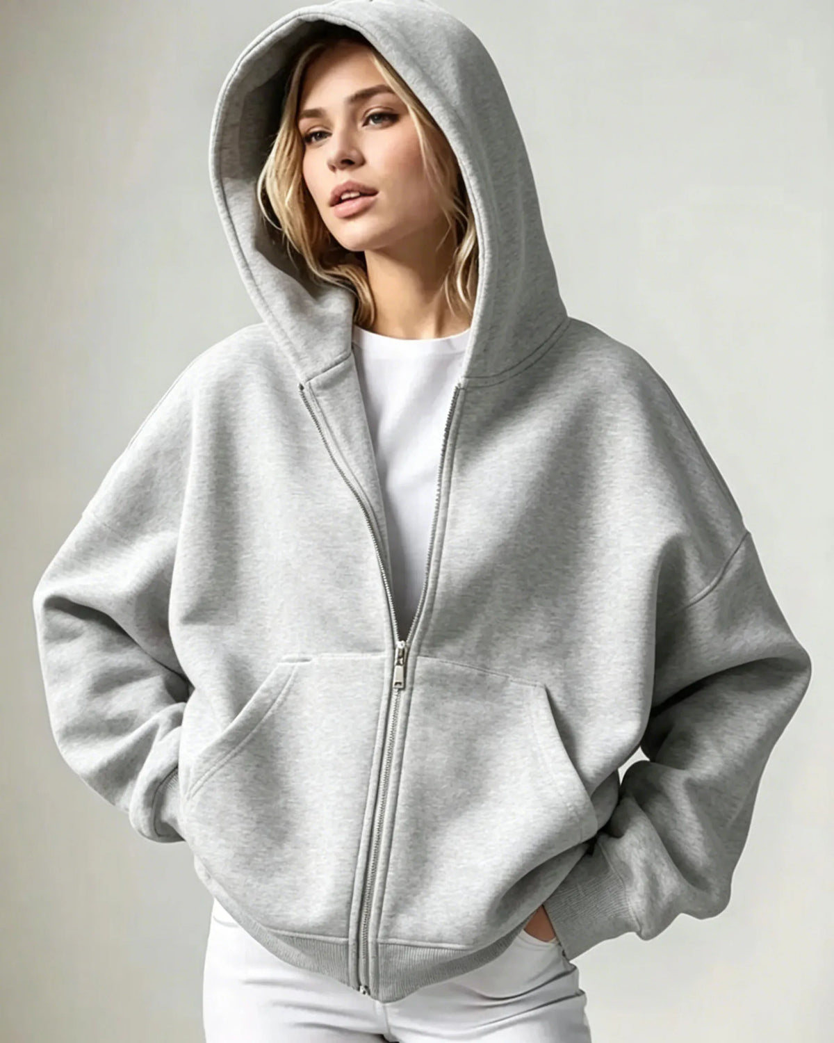 2026 Women Solid Full Zip Up Hoodie Casual Loose Pocket Hooded Jacket Soft Long Sleeve Sweatshirt Autumn Winter Couple Outerwear